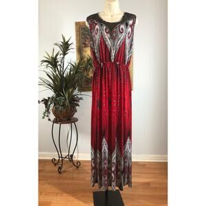Sleeveless Red Boho Maxi Dress Tribal Print Ethnic Mesh Neckline Festival Vibes